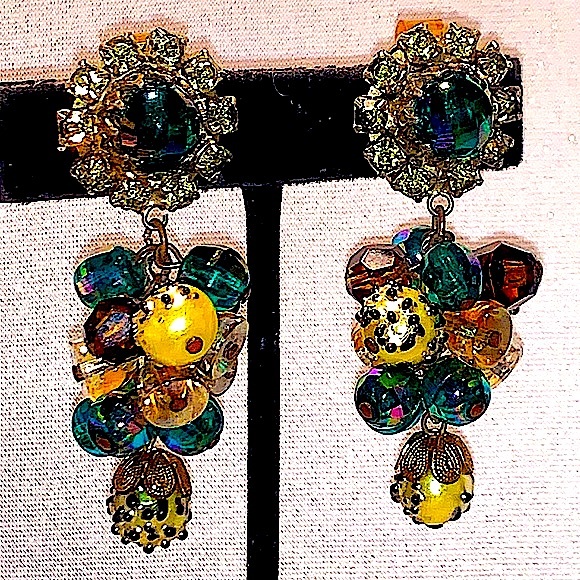 HOBE EARRINGS DANGLE CLIP 2 1/2 INCH VINTAGE GREEN YELLOW BROWN CRYSTALS - Picture 7 of 11